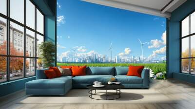 Landscape featuring green grass and blooming flowers in foreground, with modern city skyline and wind turbines in background. ESG Concept. Wall mural