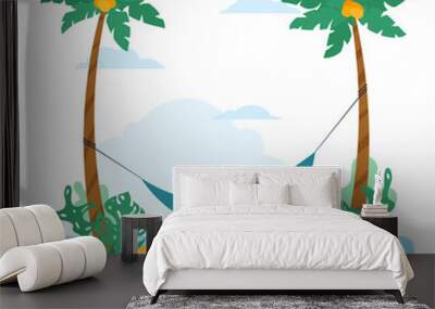 Elderly swarthy man relax in hammock among palms Wall mural