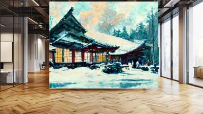 traditional japanese house shinto buddhist temple in winter  Wall mural