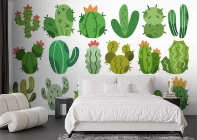 Flat stylized decorative cactus icon illustration isolated set. Collection of exotic plant on white background Wall mural