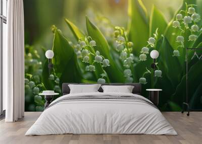 Lily of the valley, Convallaria majalis rosea, close up bell-shaped flowers in garden in spring, generative AI Wall mural