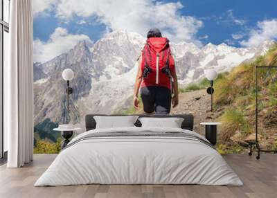 A lone hiker on a Hiking trail in the French Alps near Chamonix, France Wall mural