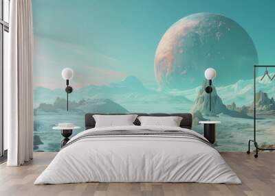 Alien planet fantasy landscape space background. Sci-fi horizontal poster. Science fiction digital raster bitmap illustration. Horizontal format wallpaper. AI artwork. Wall mural