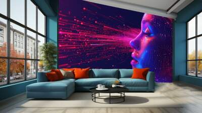 Cyborg human head and energy rays concept horizontal poster. Robot head and glowing rays creative banner. Futuristic technology background. Raster digital illustration. AI artwork.  Wall mural