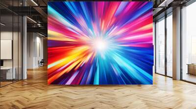 Flash rainbow abstract colorful background design. Multi-colored stripes and lines in perspective and converging into a point. Explosive light speed rays effect. Flash of bright light. Digital art. AI Wall mural