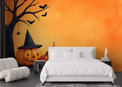 Halloween orange background with pumpkin and bats Wall mural