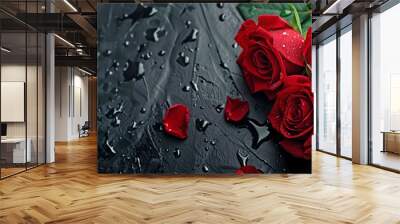 Red roses on dark background poster. Beautiful red flowers with water drops horizontal banner. Raster bitmap digital illustration. Photo style. AI artwork.  Wall mural