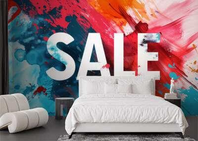 Sale concept banner design. Dynamic font against a background of bright colorful strokes. Advertising promotion horizontal layout. Digital artwork raster bitmap. AI artwork. Wall mural