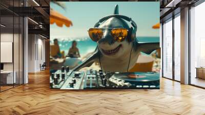 A Shark DJ Wearing Reflective Sunglasses And Headphones, Rocking The Turntables At A Lively Beach Bash Wall mural