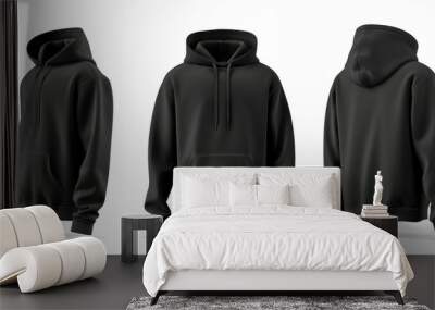 Classic Black Hoodie Displayed From Three Different Angles, Front, Side, And Back, Mockup Wall mural