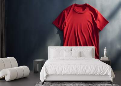 Simple Red T-Shirt Displayed on a Dark Background with Artistic Shadows, Mocup Wall mural