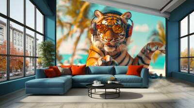 Tiger DJ Wearing Headphones And Sunglasses Mixing Tracks At Beach Wall mural