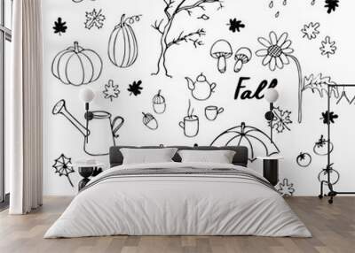 Autumn vector doodle on isolated white background illustration with pumpkins, chestnuts, falling leaves, homemade, tea, mushrooms, gloves, rain, umbrella, autumn fruits and vegetables, boots  Wall mural