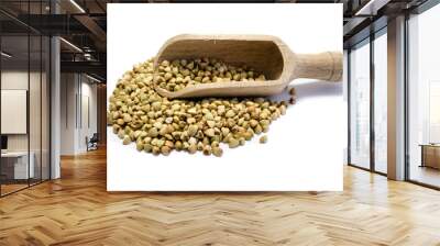 Buckwheat grains with wooden scoop isolated on white background Wall mural