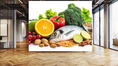 Healthy diet with fruits, vegetables, fish, nuts and grains isolated on white background, cutout  Wall mural