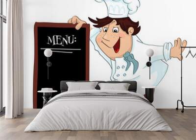 Cartoon cook with menu sign for restaurant. Illustration, vector Wall mural