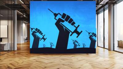 Hands with syringes or vaccinations for everyone illustration Wall mural