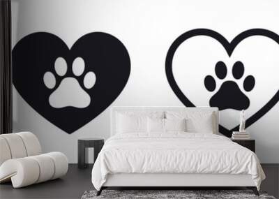 Heart and pet paw print dog cat icon Wall mural