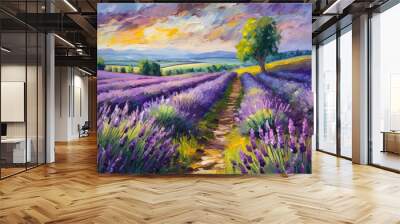 Purple lavender field gallery art oil painting Wall mural