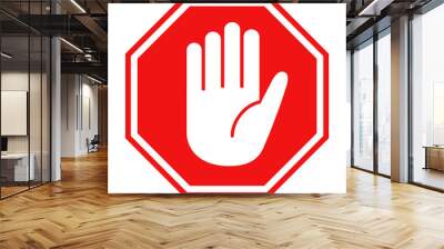 Red stop sign with big hand symbol icon vector illustration Wall mural