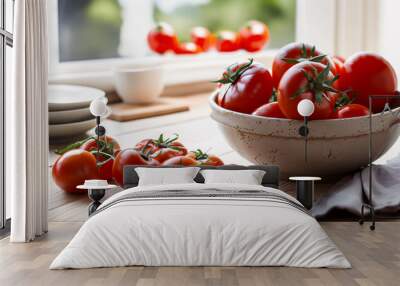 Tomatoes and bowl with tomatoes on wooden table Wall mural