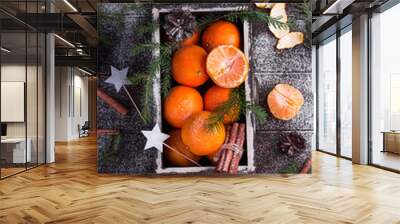 Tangerine in wooden box as christmas decoration Wall mural