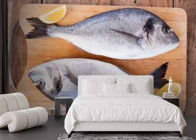 Two fresh gilt-head bream fish on cutting board Wall mural