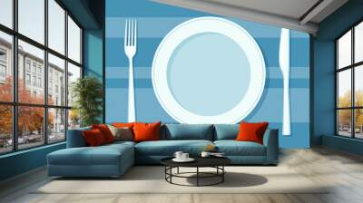 Empty white plate, fork and knife on a blue tablecloth. Vector illustration in a flat cartoon style. Wall mural