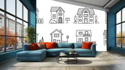 Set of houses. Collection of various city and village homes with decor element. Doodle sketch style. Isolated vector illustration. Wall mural