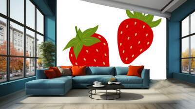 Strawberry. Two red sweet berries. Hand-drawn colored flat vector illustration isolated on white. Wall mural