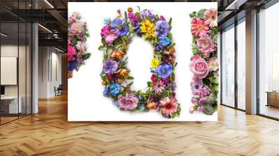 Flower font alphabet P, Q, R made of colorful floral letters on white background Wall mural