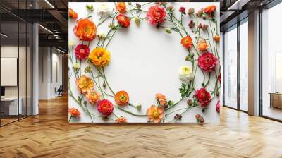 Round frame wreath pattern with ranunculus flowers on white background Wall mural