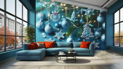 blue christmas background with christmas tree and bright decoretions,generative ai,generative, ai Wall mural