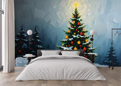 illustration with a Christmas tree, a bright greeting card,generative ai Wall mural