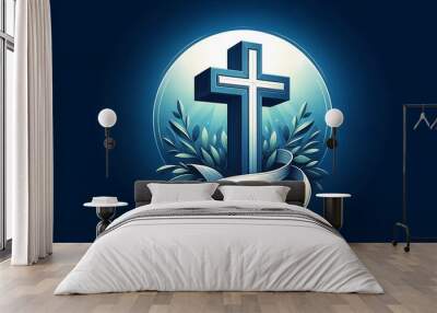 illustration with blue cross on blue background and place for text with generative AI creation Wall mural