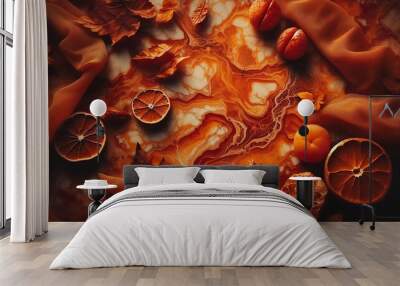 Orange marble texture background with a botanical style Wall mural