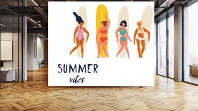 Vector illustration girls surfer standing with a surfboards. Summer vibes. Wall mural