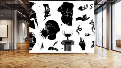 Vector illustration of bundle antique signs and symbols - statues, olive branch, amphora, column, helmet. Ancient greek or roman style elements. Wall mural