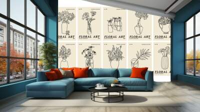 Vector illustration set of ink floral posters with different flowers and vase. Art for for prints, wall art, banner, background. Wall mural