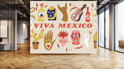 Vector illustration set of mexican culture symbols with traditional objects catholic religion symbolic. Wall mural