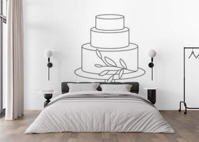 Vector line illustration silhouettes of wedding cake with floral decoration isolated on white background. Wall mural