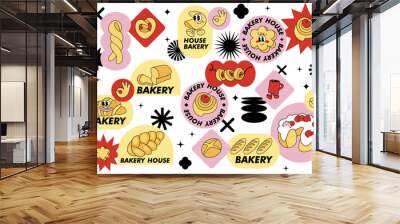 Vector set in retro style fbakery shop stickers. Colorful patch badges for bakery cafe. Wall mural