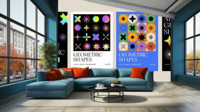 Vector set posters or prints with geometric shapes. Brutalist design with gradient icons. Wall mural