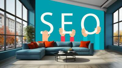 Hands holding word SEO, search engine optimization, vector illus Wall mural