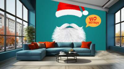 santa claus realistic cap, mustache and beard. Hohoho text Wall mural