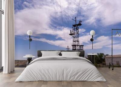 A tall power pole with a weather vane on top. The sky is clear and blue. The pole is surrounded by a fence Wall mural