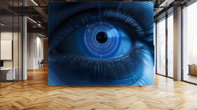 This image illustrates facial recognition technology with a face overlaid by digital scan data, exemplifying the fusion of biometric analysis in modern security systems. Wall mural