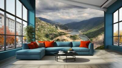 landscape with water and mountains , green view, dam . Wall mural