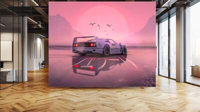 car with sun and mountain background  Wall mural