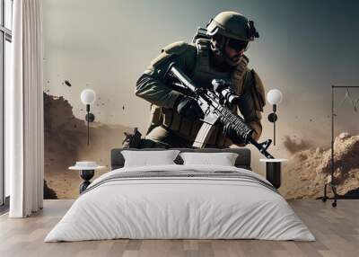  soldier in desert with rifle and helmet on Wall mural